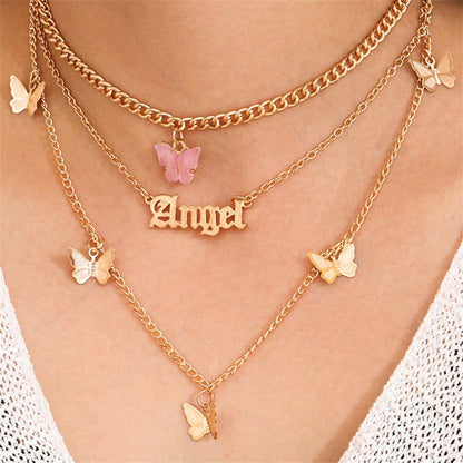 Pink Acrylic & Goldtone Butterfly 'Angel' Layer Pendant Necklace
