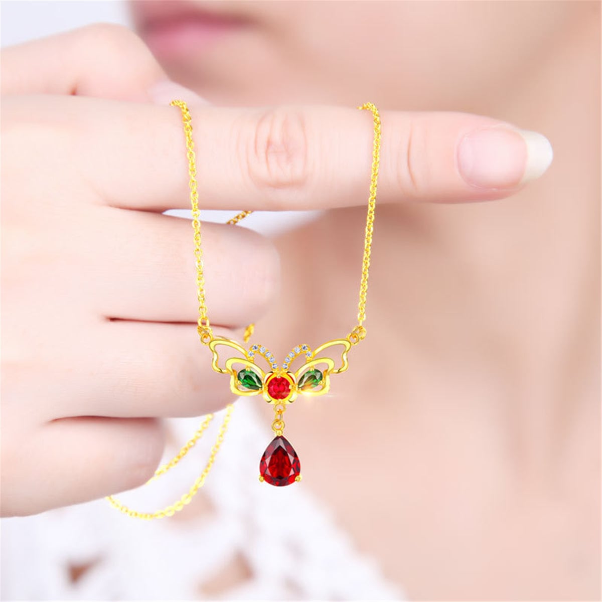 Red Crystal & Cubic Zirconia Butterfly Pendant Necklace-3