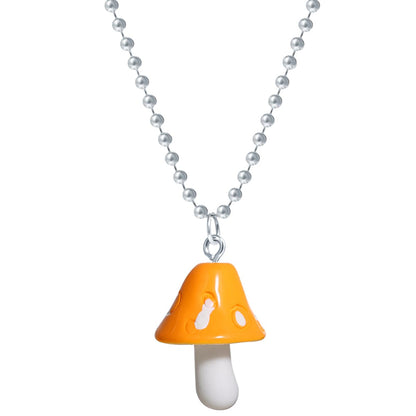 Orange Resin & Silvertone Ball Chain Mushroom Pendant Necklace