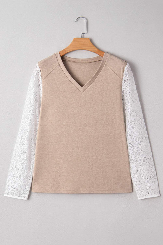 Threaded Pear Penny Contrast Lace Patchwork Long Sleeve Top