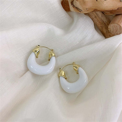 White Enamel & Goldtone U-Shape Huggie Earrings