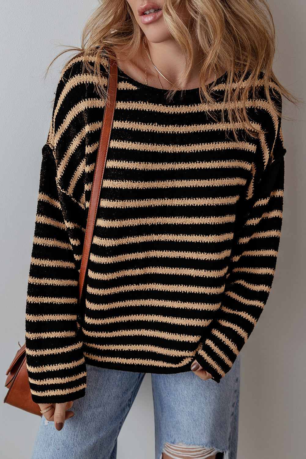 Wren Drop Shoulder Loose Sweater - Black Stripe / L - 12/14