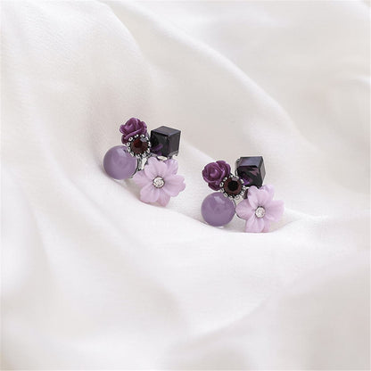 Purple Crystal & Cubic Zirconia Flower Cluster Stud Earrings