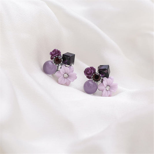 Purple Crystal & Cubic Zirconia Flower Cluster Stud Earrings