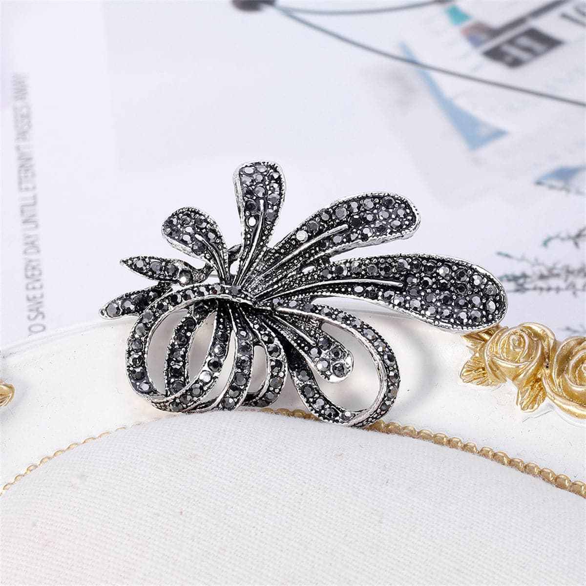 Black Cubic Zirconia & Silvertone Flower Brooch