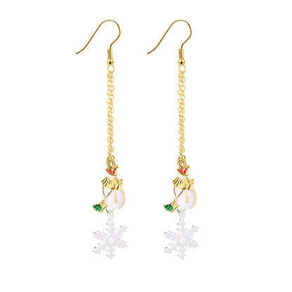 White Enamel & Two Tone Snowflake Snowman Drop Earrings