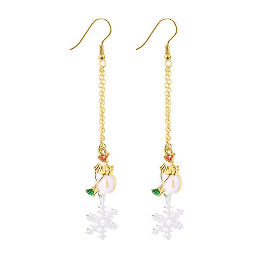 White Enamel & Two Tone Snowflake Snowman Drop Earrings