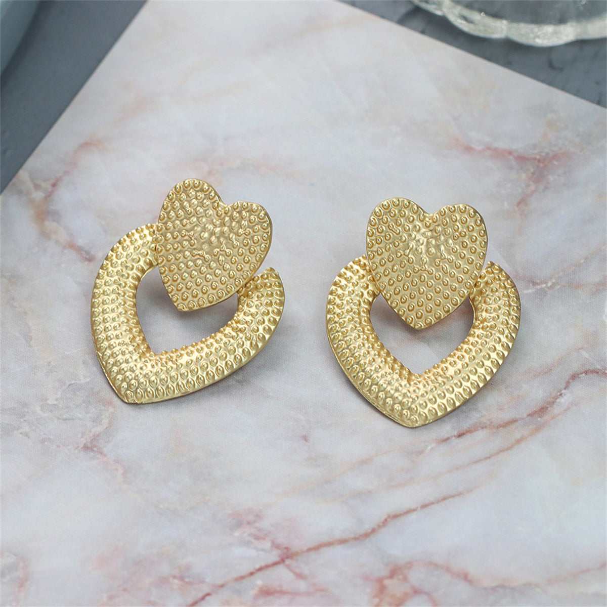 Goldtone Studded Open Heart Drop Earrings