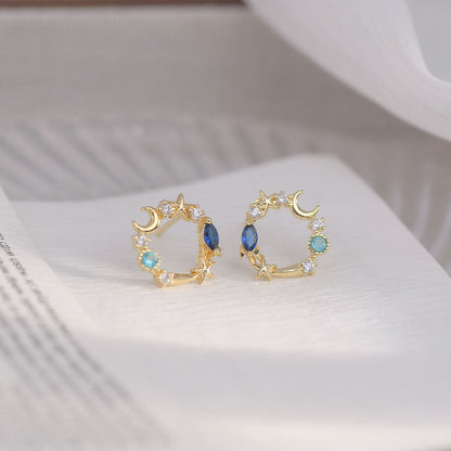 Blue Crystal & Cubic Zirconia Goldtone Moon & Star Stud Earrings