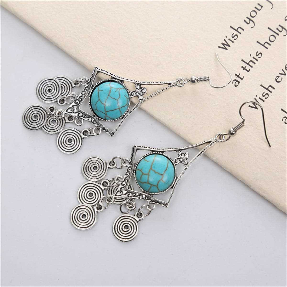 Turquoise & Silvertone Vortex Drop Earrings