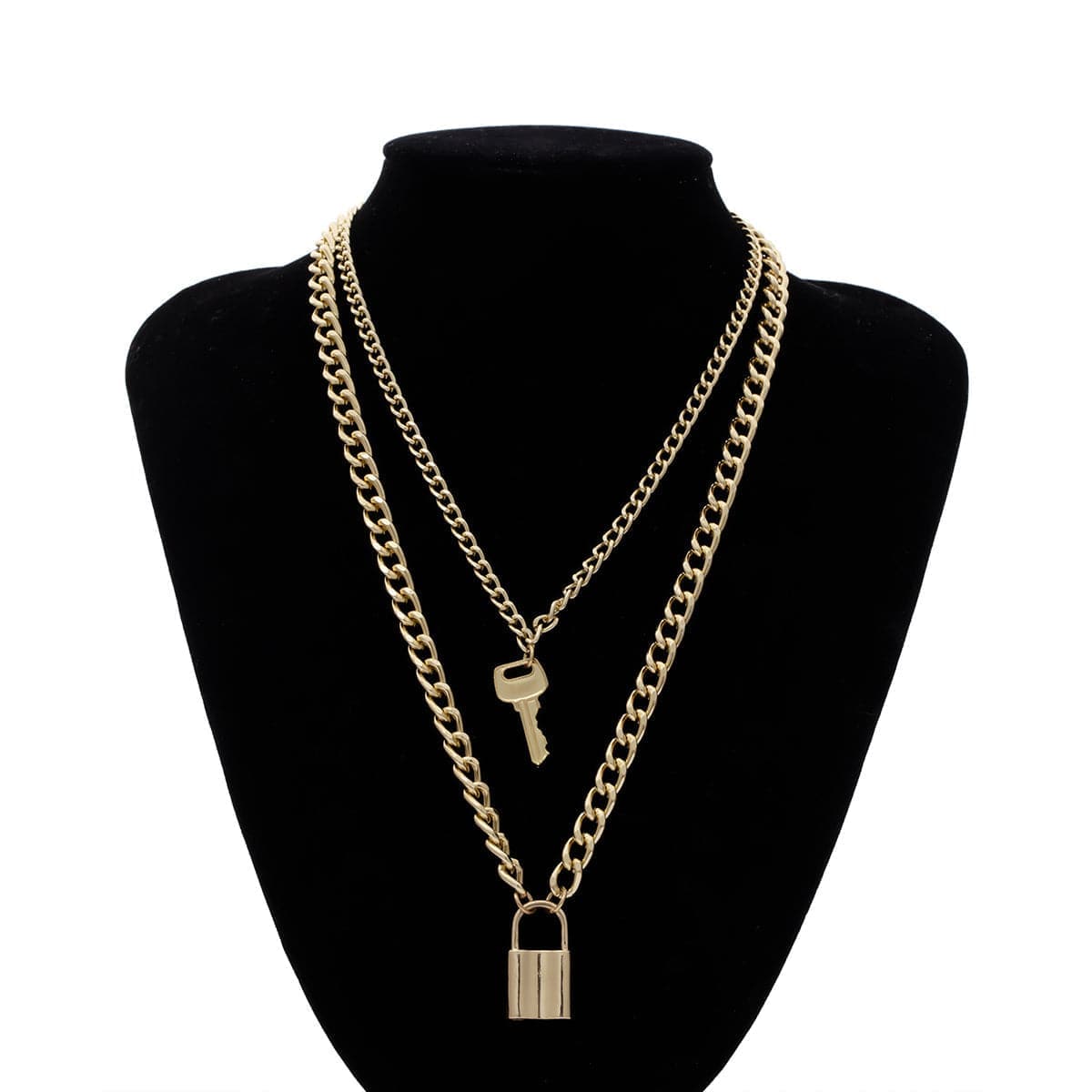 Goldtone Lock & Key Layered Pendant Necklace