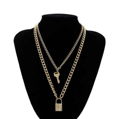 Goldtone Lock & Key Layered Pendant Necklace