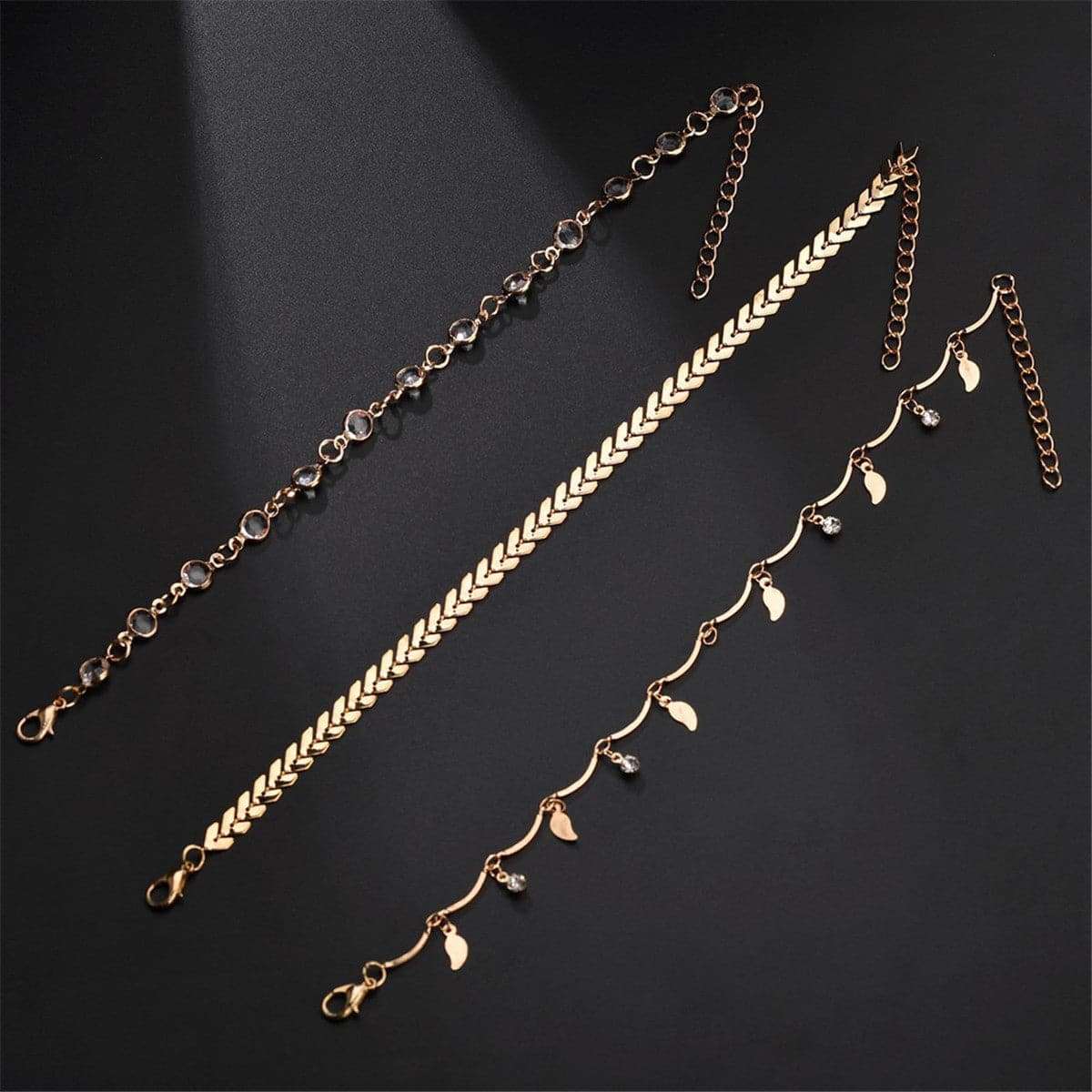 Cubic Zirconia & Goldtone Leaf Charm Anklet Set