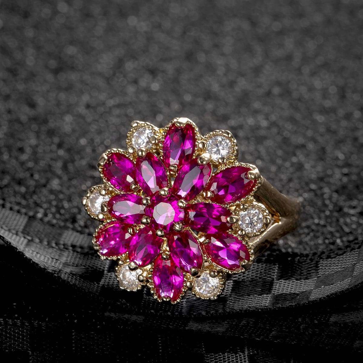 Red Corundum & Cubic Zirconia Flower Ring-9