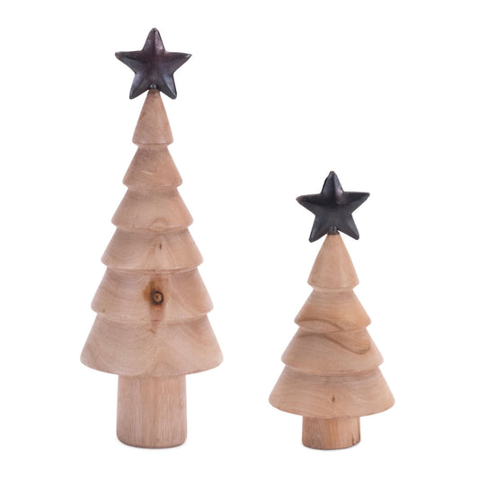 Melrose International Natural Wood Tree with Metal Star (Set of 2)