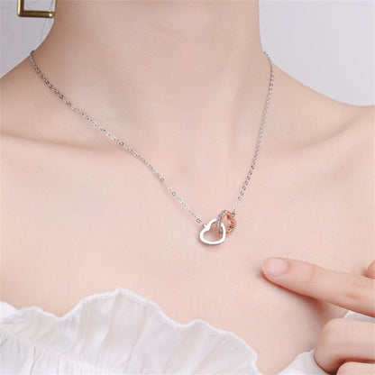Cubic Zirconia & Two Tone Interlocked Heart Pendant Necklace