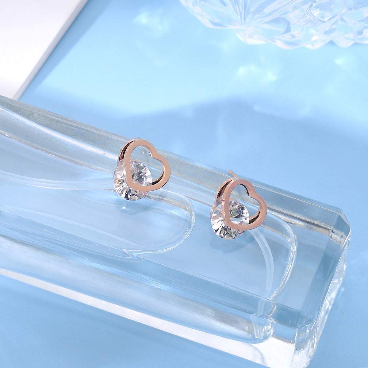 Crystal & Rose Goldtone Open-Heart Stud Earrings