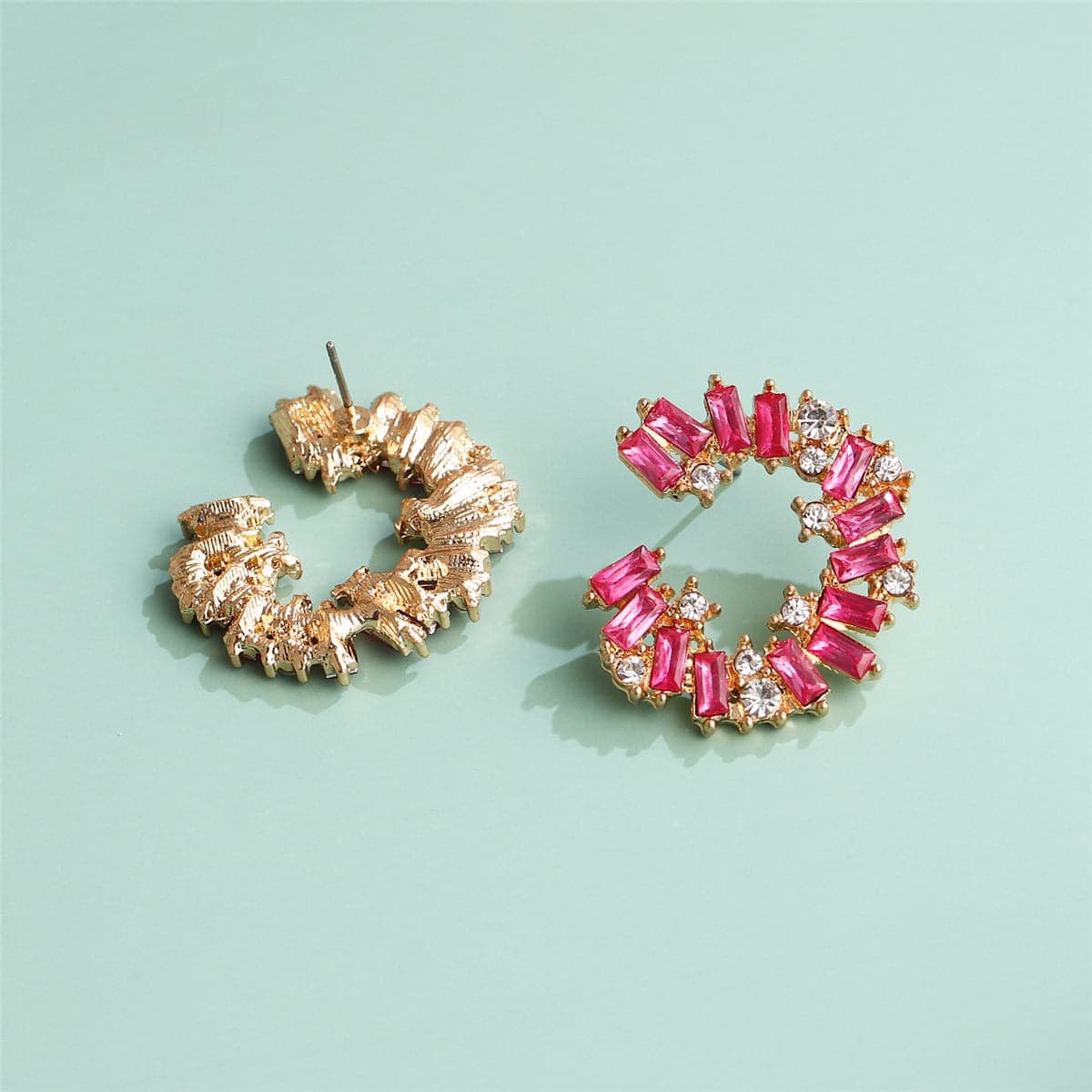 Pink Cubic Zirconia & Goldtone Circle Stud Earrings