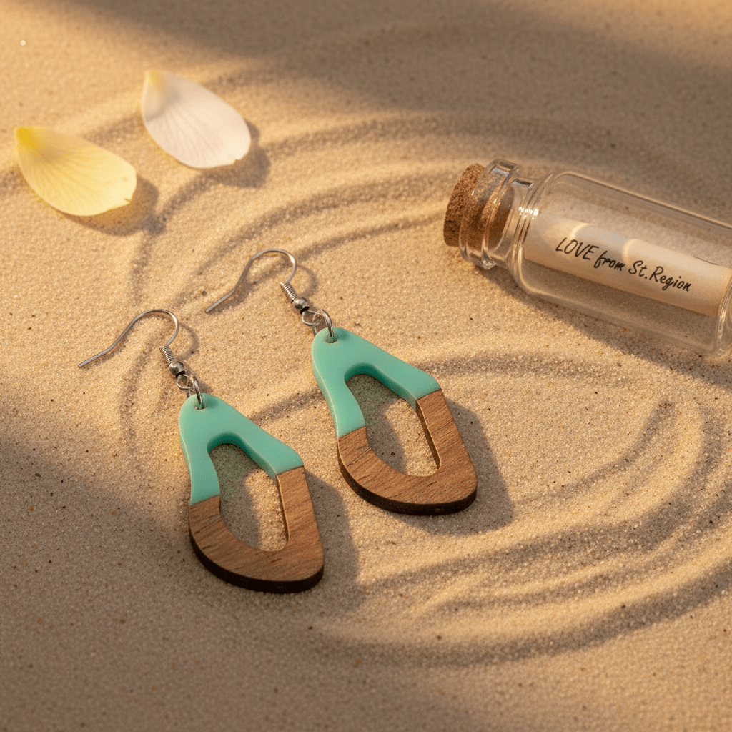 Green Resin & Wood Silvertone Irregular Teardrop Hook Earrings