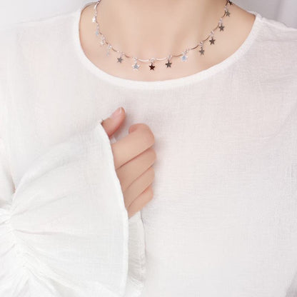Silvertone Linking Hanging Star Choker Necklace