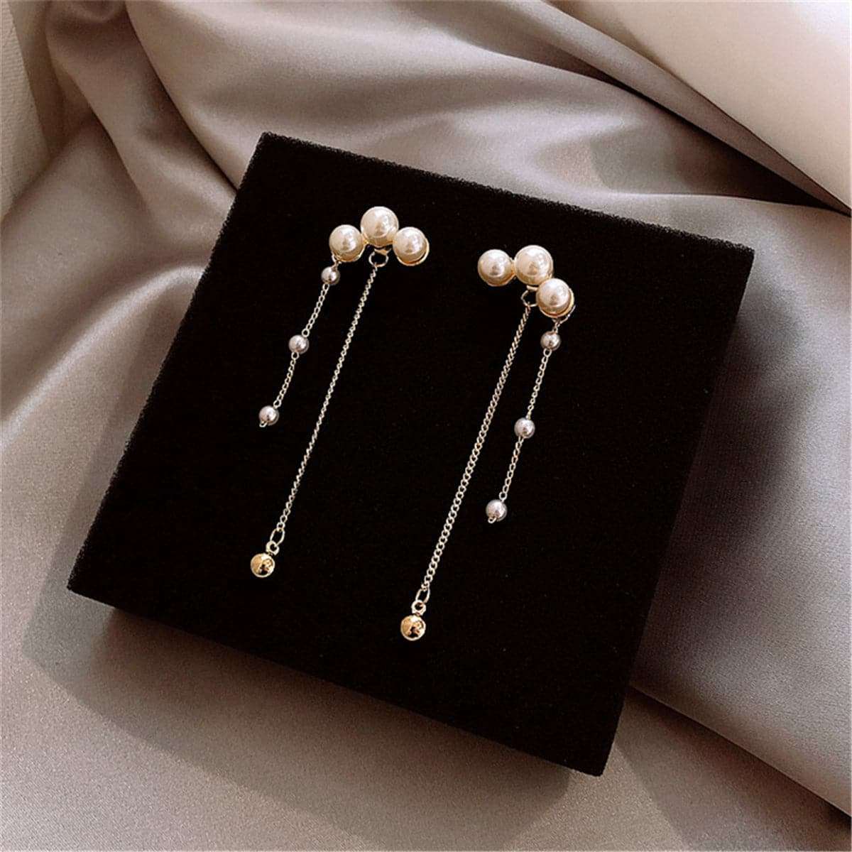Pearl & Goldtone Tassel Drop Earrings-2