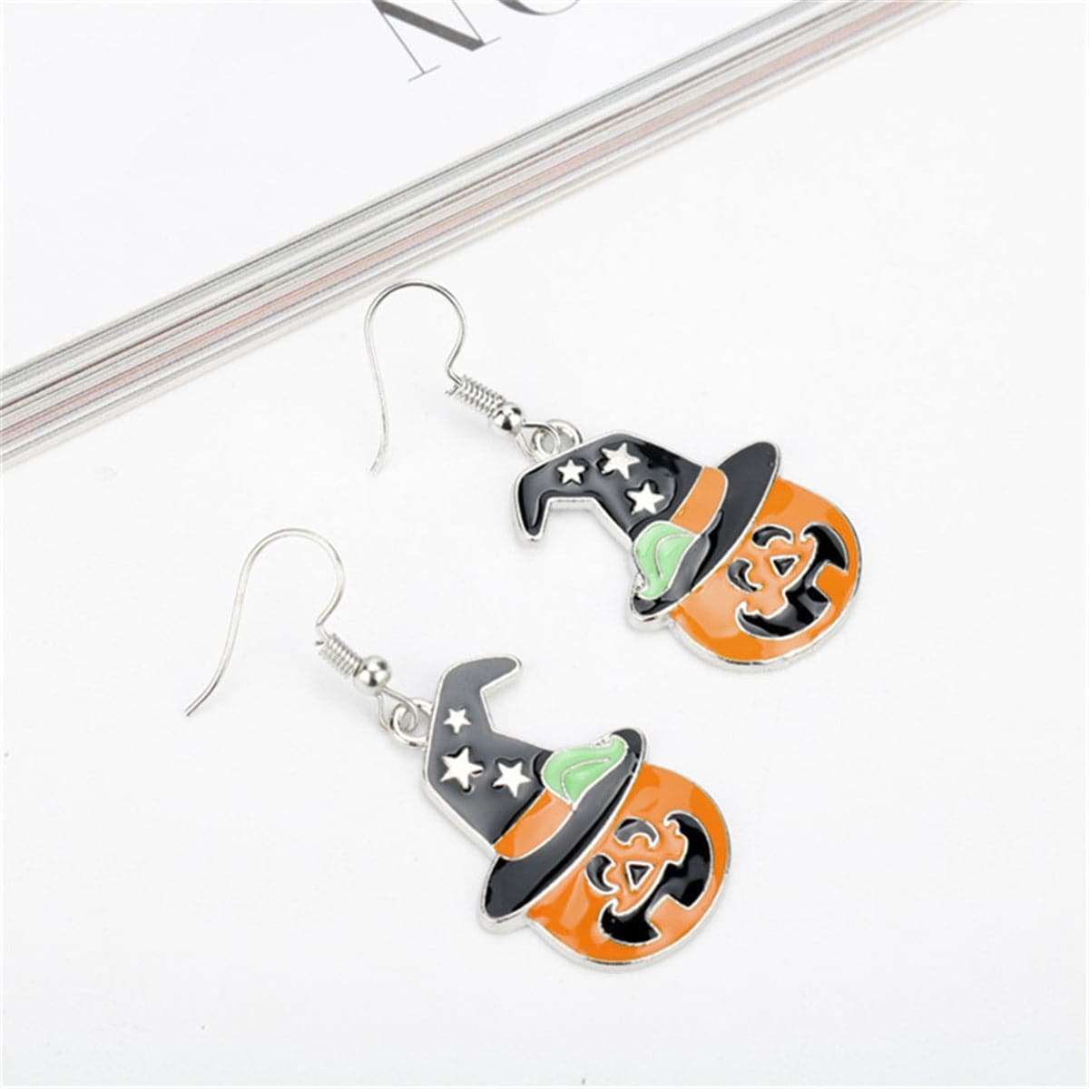 Enamel Pumpkin & Starry Hat Drop Earrings