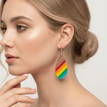 Multi-Colored Resin & Wood Silvertone Stripped Drop Hook Earrings
