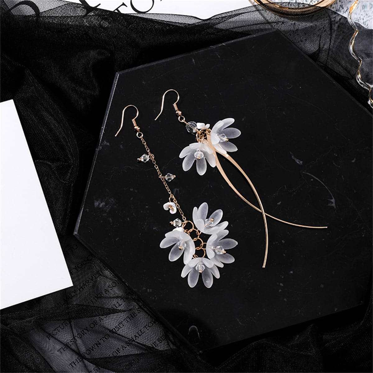 Clear Acrylic & Goldtone Floral Asymmetric Drop Earrings