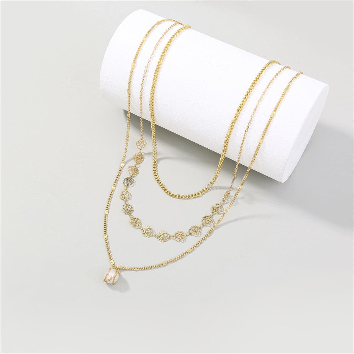 Pearl & Goldtone Lotus Layered Station Necklace