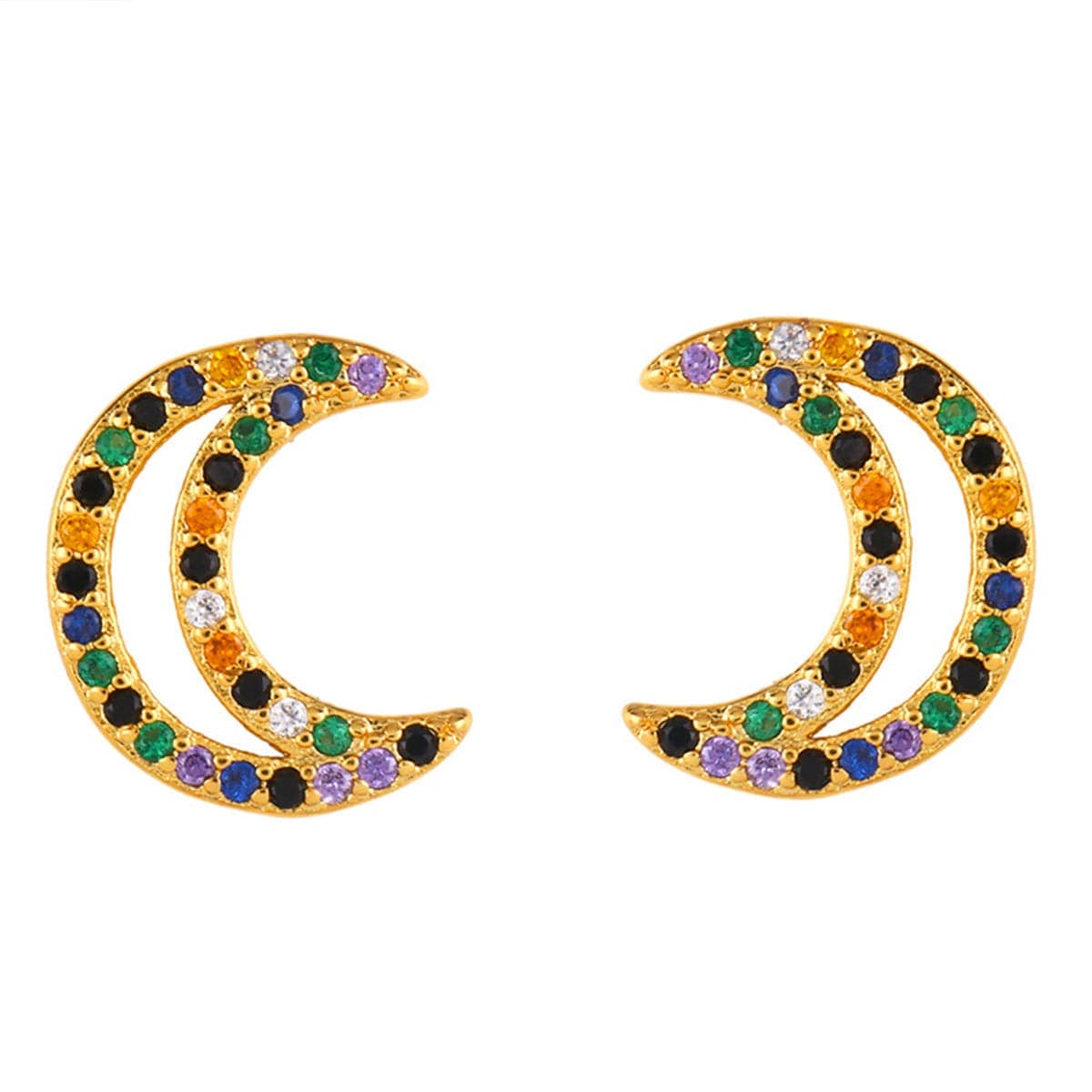 Cubic Zirconia & Goldtone Open Moon Stud Earrings