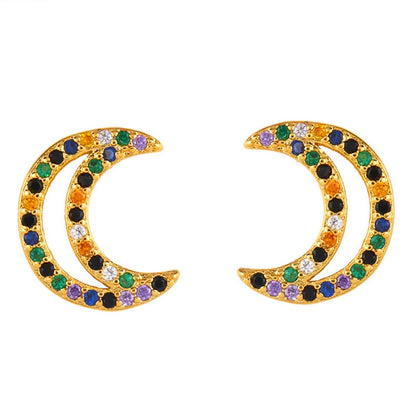Cubic Zirconia & Goldtone Open Moon Stud Earrings