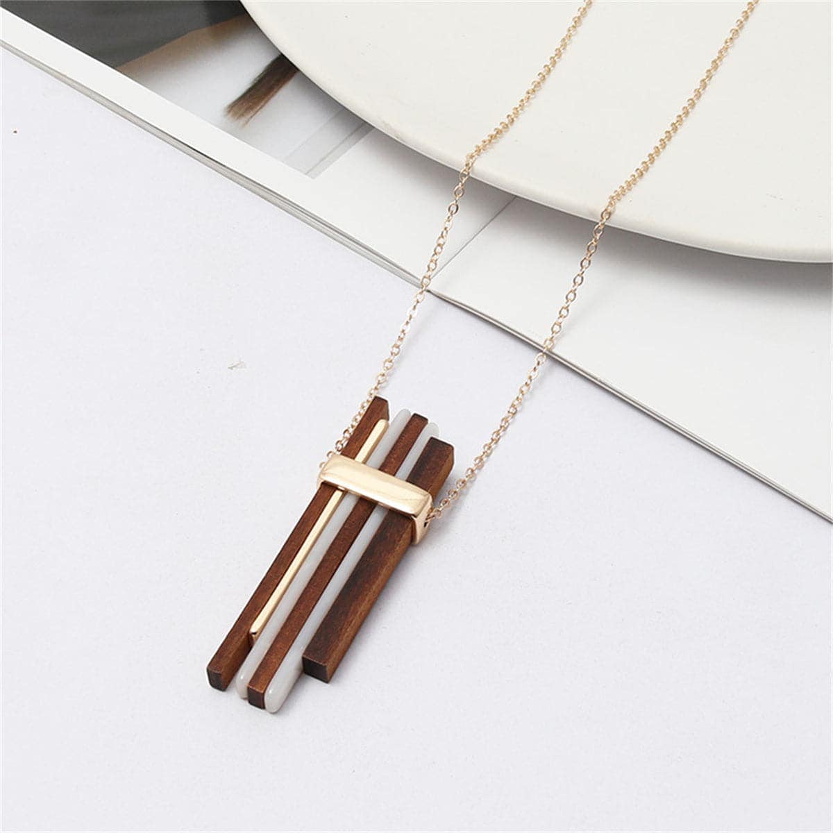 Pink Resin & Wood Goldtone Pendant Necklace
