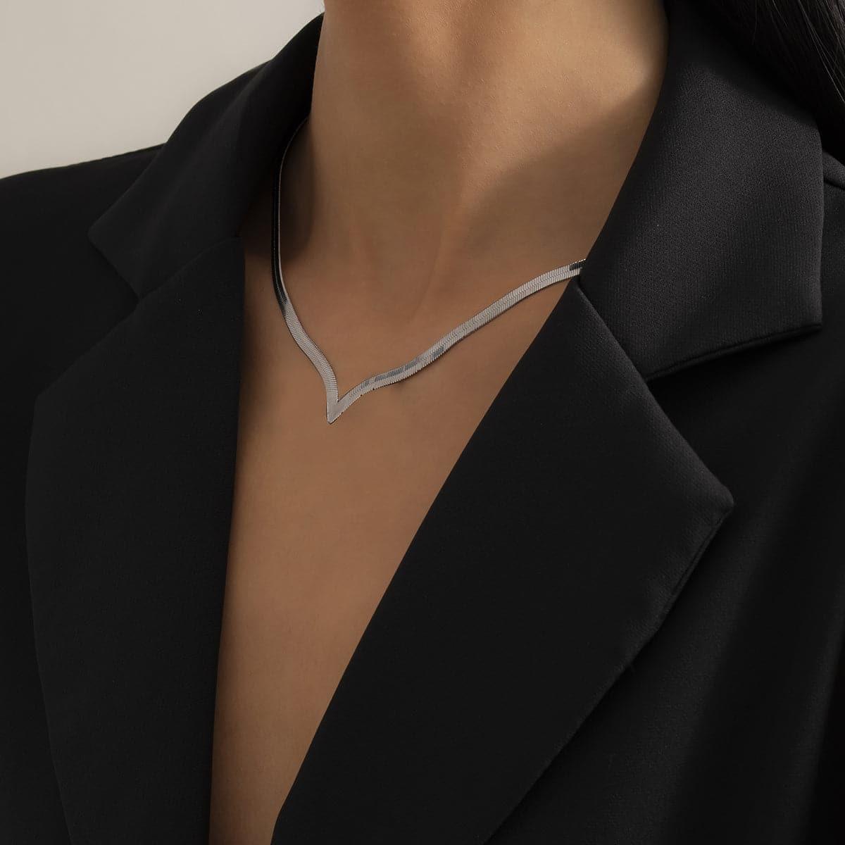 Silvertone Snake Chain V Necklace