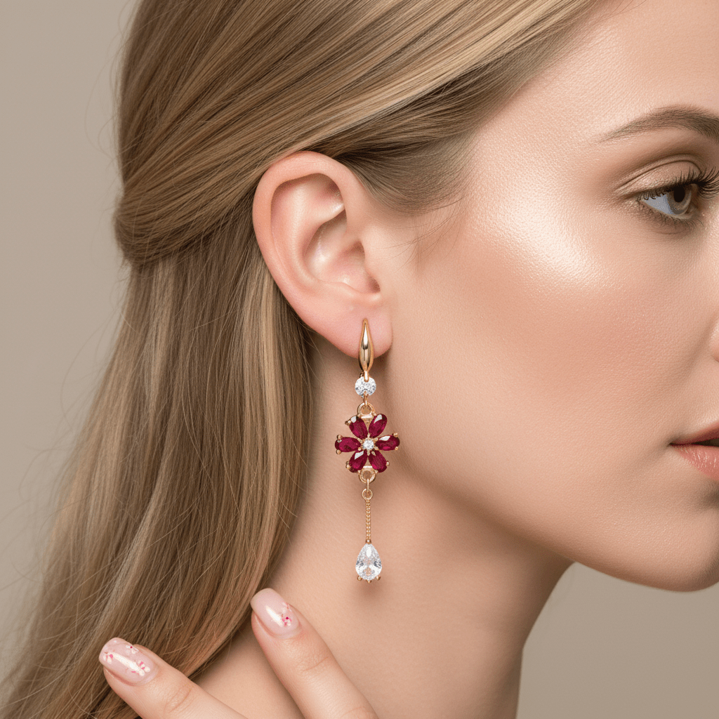 Red Crystal & Cubic Zirconia Goldtone Flower Drop Hook Earrings