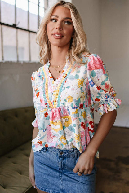 Threaded Pear Solana Boho Flower Half Puff Sleeve Blouse