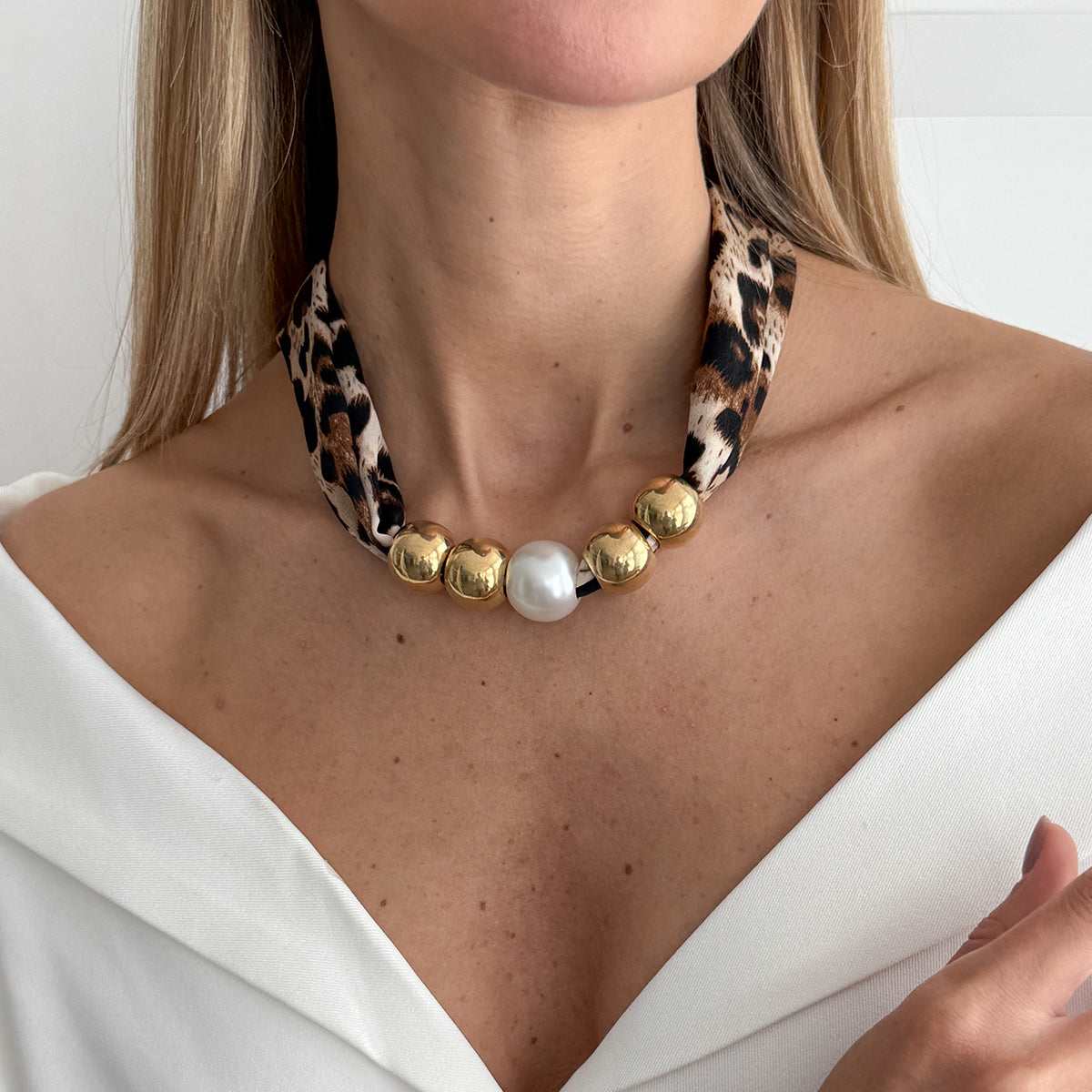 Leopard Print Polyster & Pearl Goldtone Ball Collar Necklace