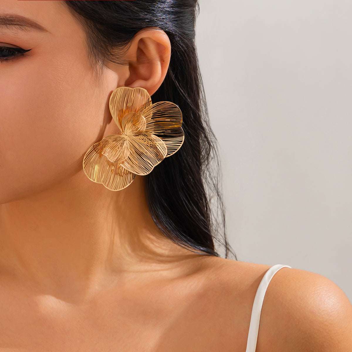 Goldtone Textured Netted Flower Statement Stud Earrings