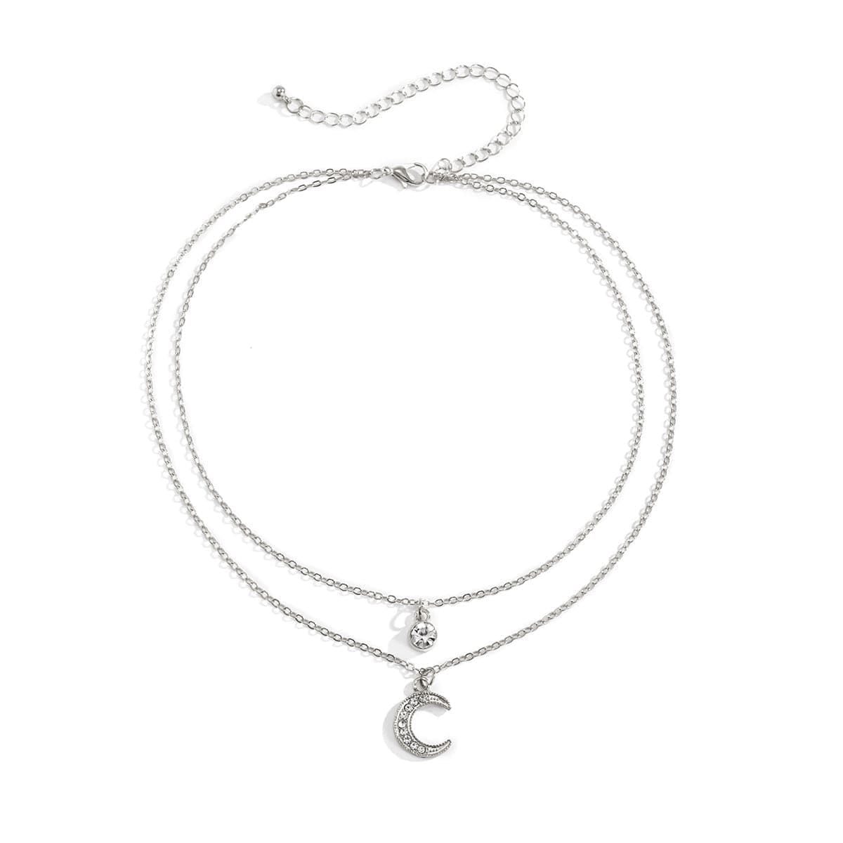 Cubic Zirconia & Silvertone Moon Pendant Layered Necklace