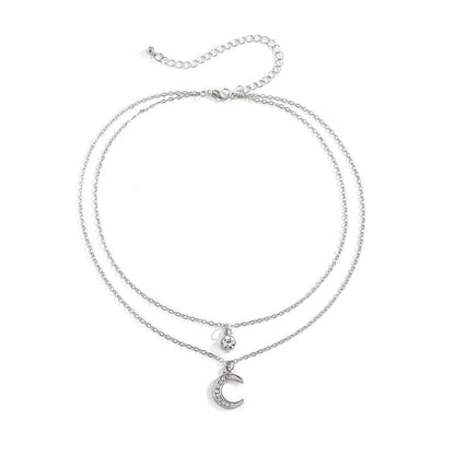 Cubic Zirconia & Silvertone Moon Pendant Layered Necklace