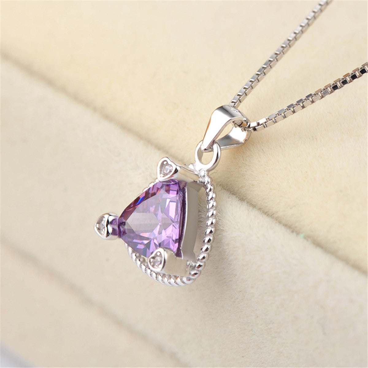 Purple Crystal & Silvertone Triangle Frame Pendant Necklace