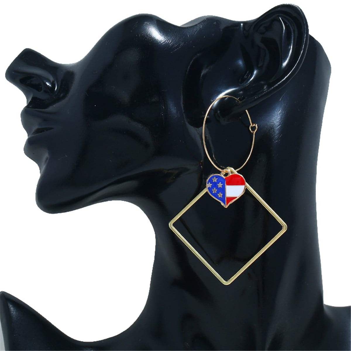 Goldtone American Flag Heart Hollow Drop Earrings
