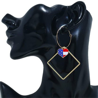 Goldtone American Flag Heart Hollow Drop Earrings