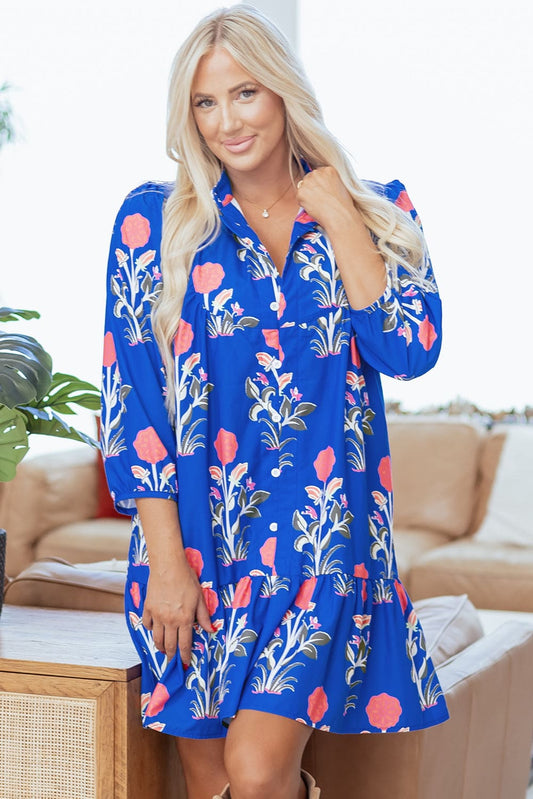 Zahra Sleeve Ruffle Hem Dress - Blue / L - 12/14