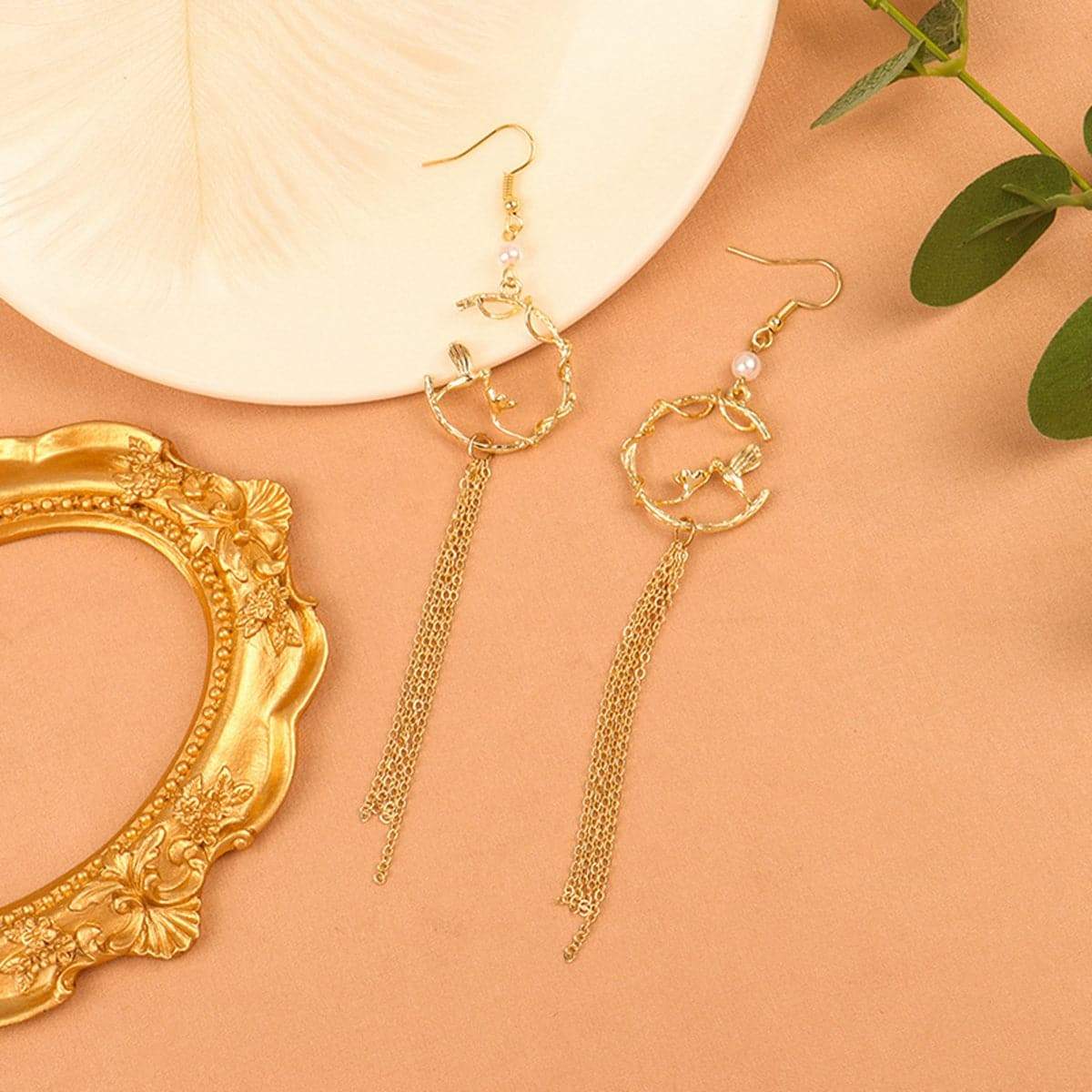 Pearl & Goldtone Bird Tassel Drop Earrings