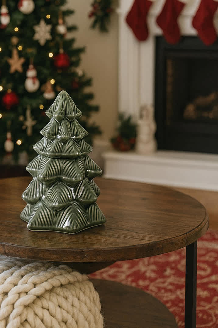 9.25 in Green Christmas Iridescent Tree Cookie Jar Decorative Stoneware for Holiday Treats and Decor