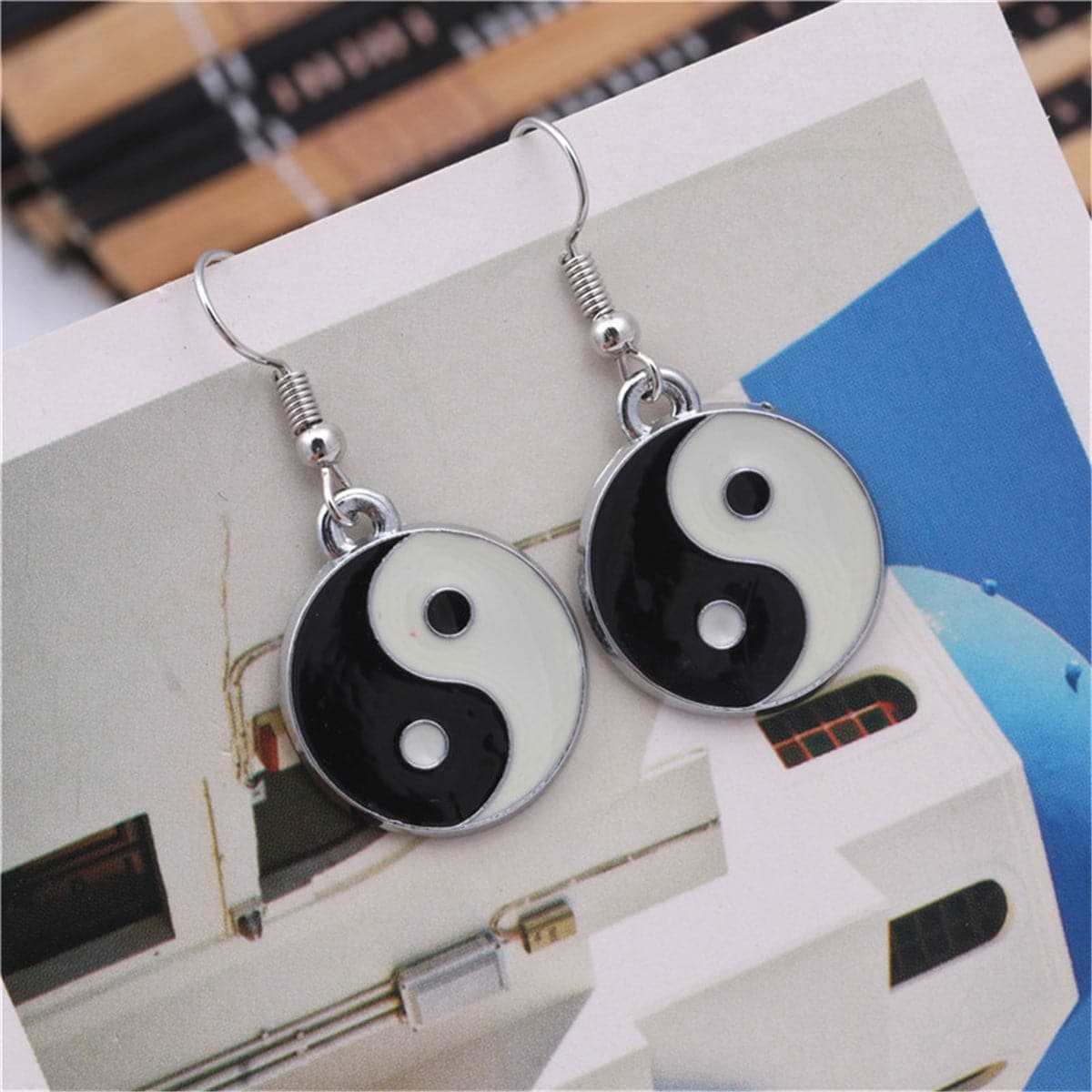Black Enamel & Silvertone Yin Yang Drop Earrings
