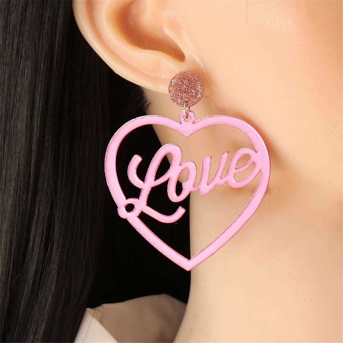Pink & Silvertone Open Heart 'Love' Drop Earrings