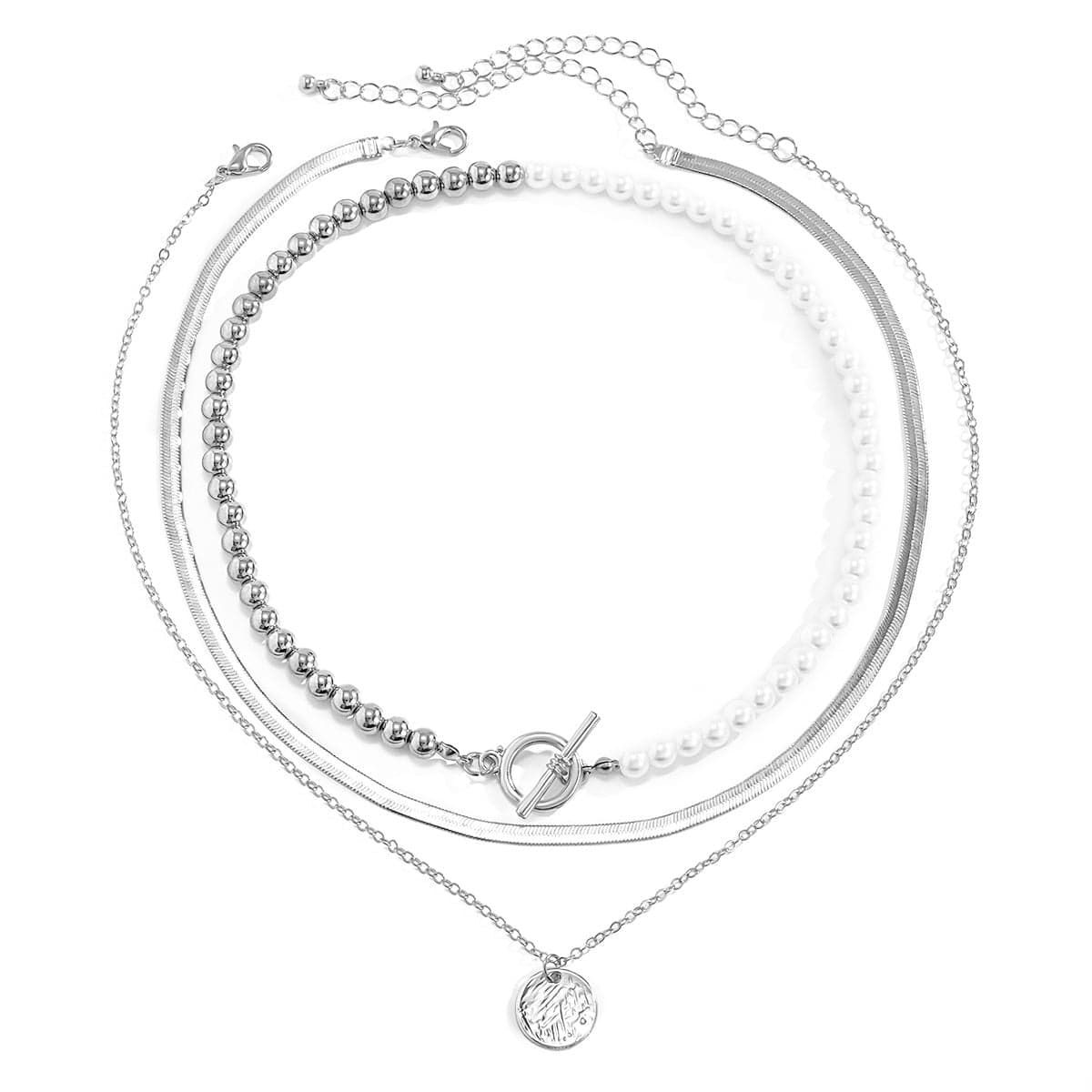 Pearl & Silvertone Toggle Necklace Set