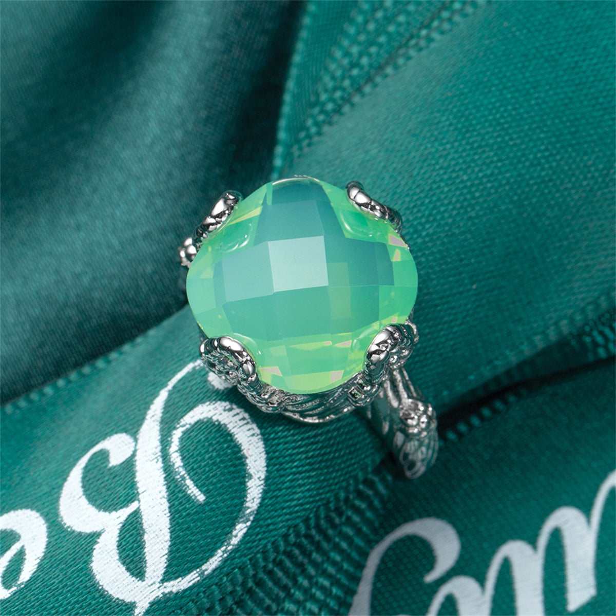 Green Crystal & Silvertone Ring-1