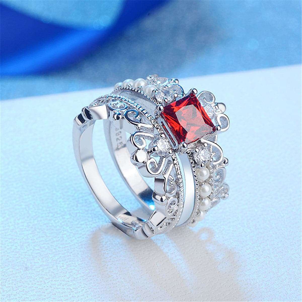 Red Crystal & Pearl Silvertone Crown Ring Set